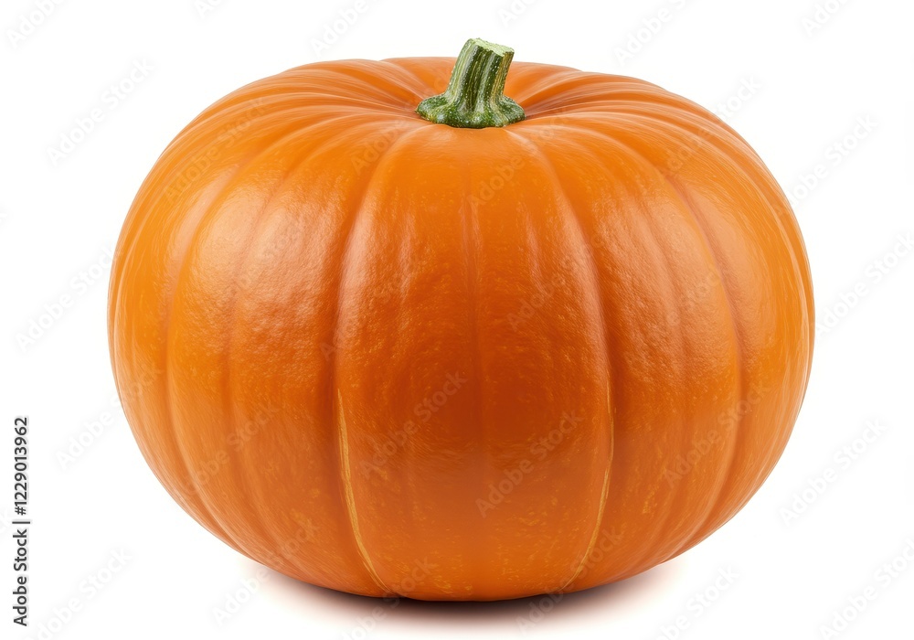 A bright orange pumpkin with a short green stem isolated on a white background A bright orange pumpkin with a short green stem isolated on a white background