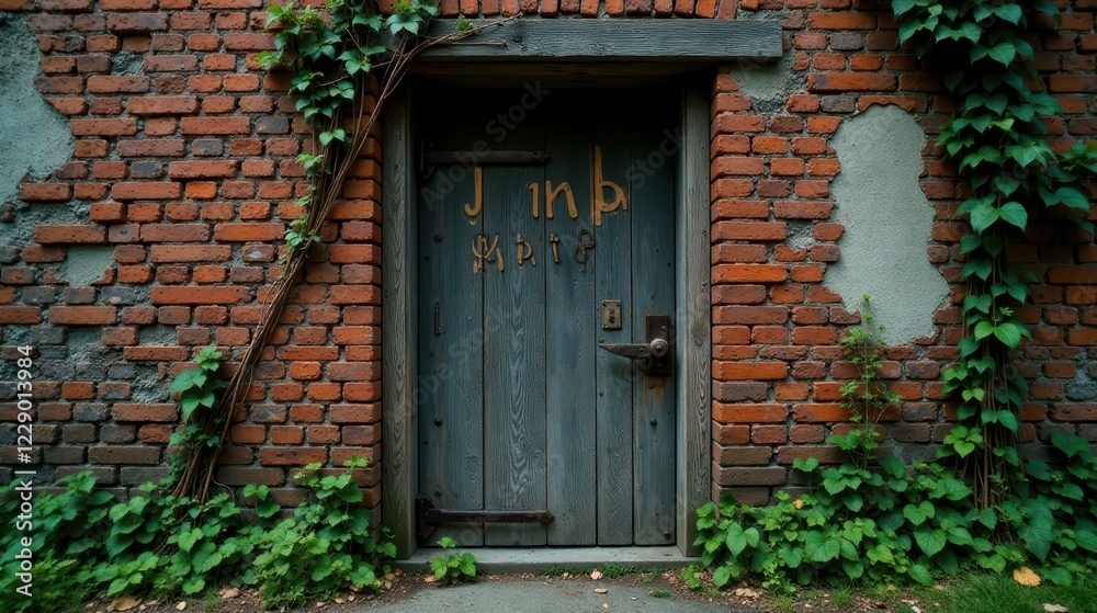 Antique weathered gray door set within an aged brick wall, adorned with climbing vines and verdant ground cover Antique weathered gray door set within an aged brick wall, adorned with climbing vines and verdant ground cover