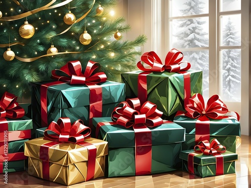 Abstract illustration of wrapped Christmas gifts, shiny ribbons and bows, stacked under a evergreen tree in a cozy living room, AI generated