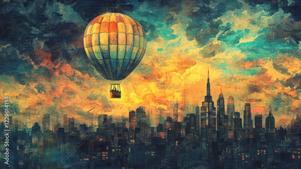 Fototapeta premium A colorful hot air balloon floats over a bustling city skyline at sunset, surrounded by dramatic clouds and vibrant hues.