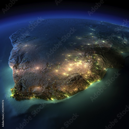 Fototapeta Naklejka Na Ścianę i Meble -  Highly detailed Earth, illuminated by moonlight. The glow of cities sheds light on the detailed exaggerated terrain and translucent water of the oceans. Elements of this image furnished by NASA
