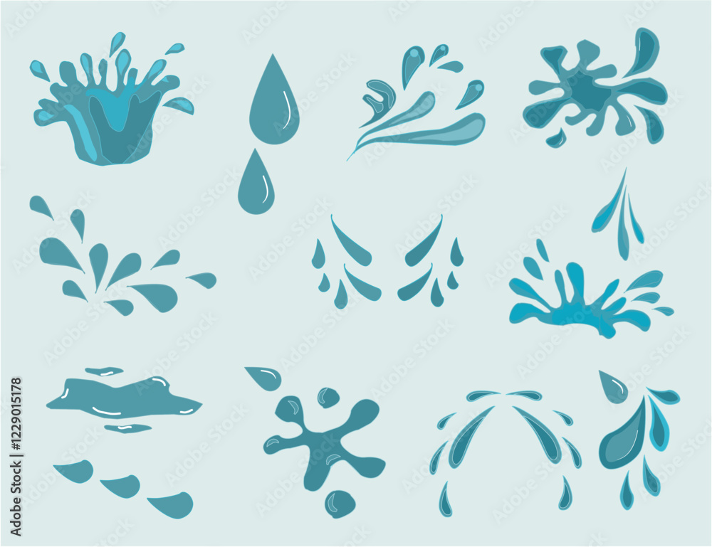 set of drops. Hand drawn waterdrop illustration. Set of versatile water splash vector illustrations. Collection of light blue water droplet and splash vector graphics.