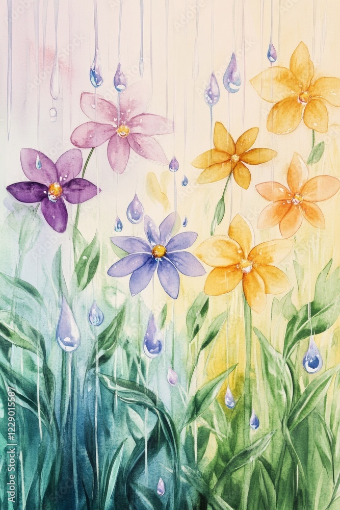 Obraz premium Watercolor Flowers in the Rain