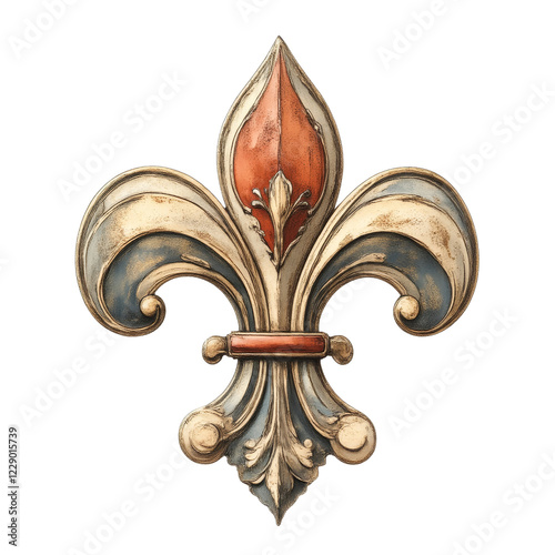 Vintage Fleur-de-Lis Design with Ornate Details in Gold, Blue-Gray, and Burnt Orange