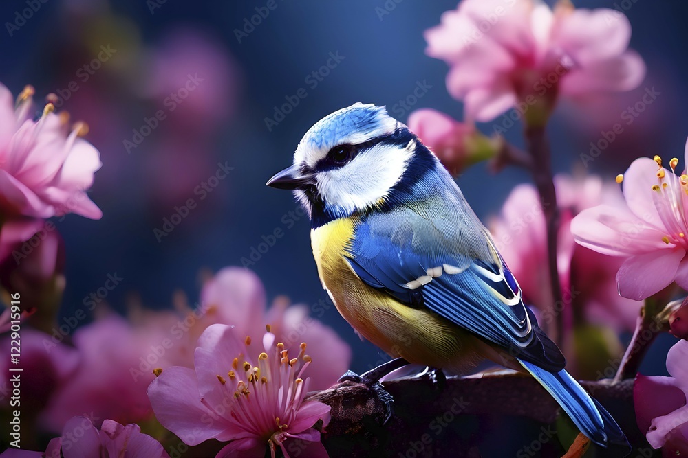Obraz premium Blue tit sitting in a blooming garden expressing summer wildlife, AI generated