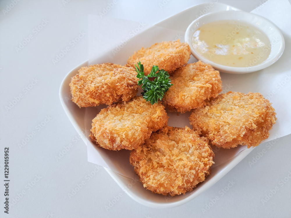 Shrimp cakes are food made from ground shrimp fried in oil. Served with sweet dipping sauce. It is a food sold in Thai restaurants. Shrimp cakes are food made from ground shrimp fried in oil. Served with sweet dipping sauce. It is a food sold in Thai restaurants.