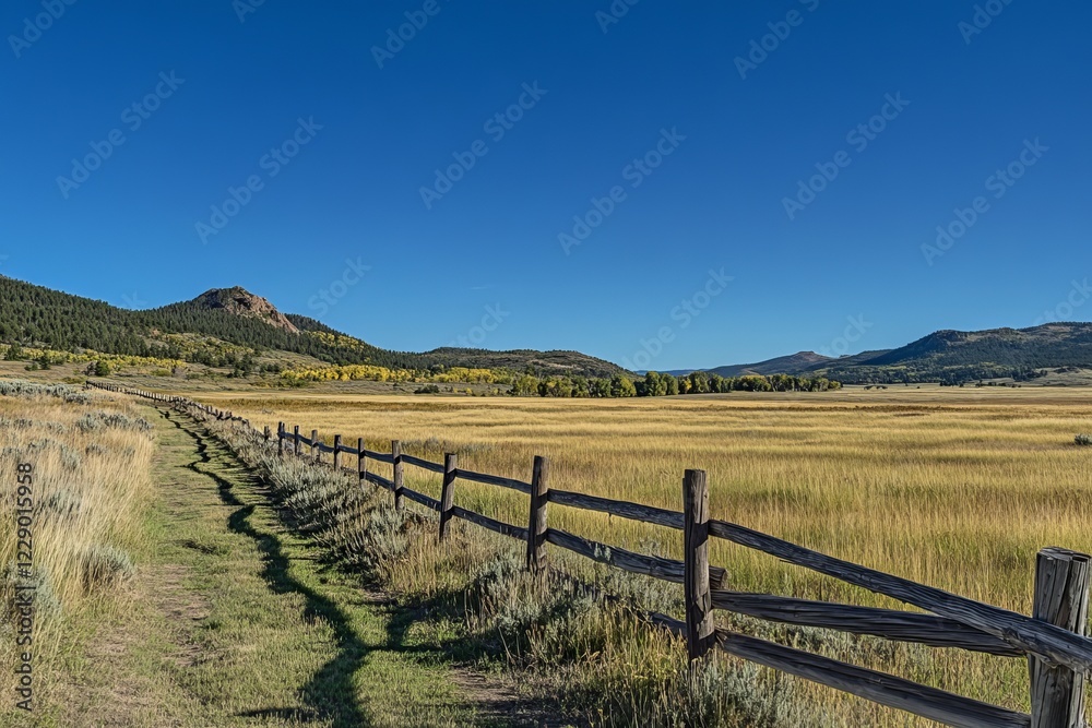 Beautiful rural landscape featuring a wooden fence, open fields, and distant mountains under a clear blue sky. Beautiful rural landscape featuring a wooden fence, open fields, and distant mountains under a clear blue sky.