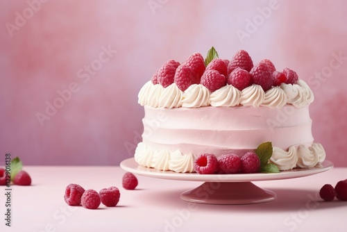 Buttercream cake with fresh rasberry fruits on pink background. KI generiert, generiert, AI generated