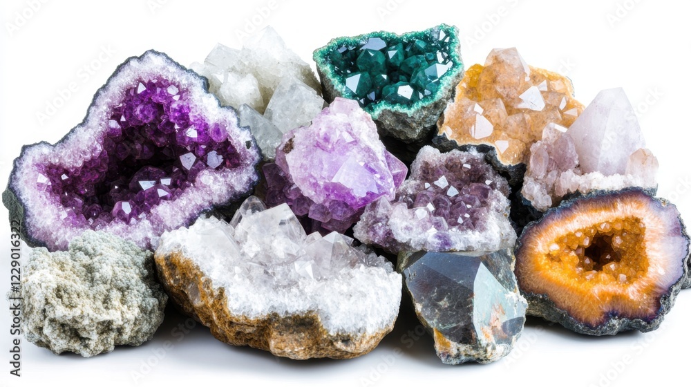 A heap of mineral-rich geode fragments, displaying colorful crystal formations, set against a simple white background.