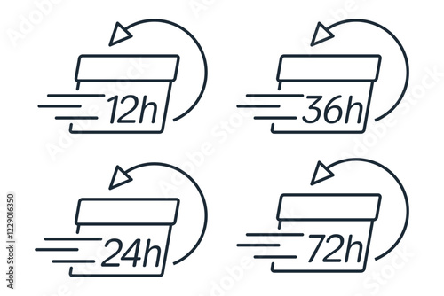 Set of sign of fast delivery, order fulfillment with time indication. Exchange, return. Vector linear icons isolated on white background.