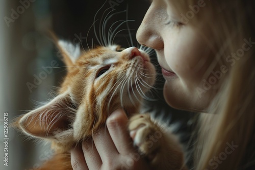 Woman cuddling with young pet cat. KI generiert, generiert, KI generiert, generiert, AI generated