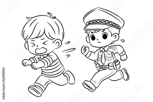 Line art police cartoon for kids. Vector illustration. Coloring book