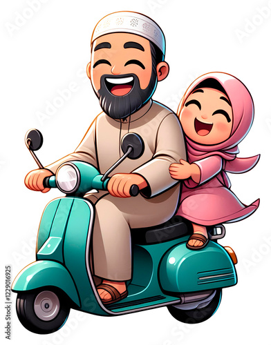 illustration muslim dad and daughter with scooter bike