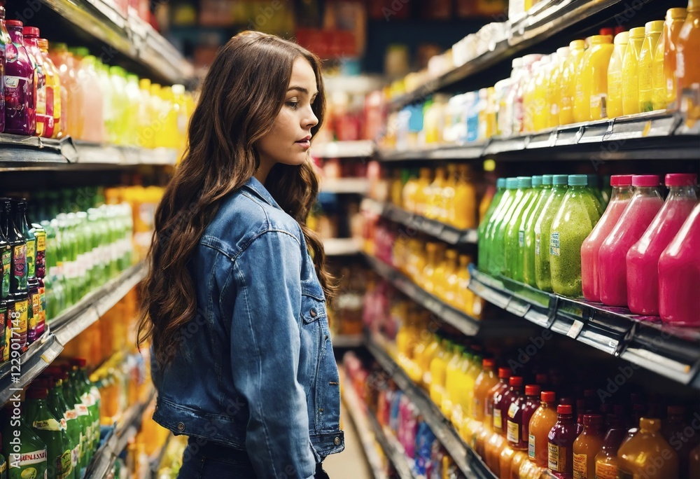 Fototapeta premium The beautiful woman is looking at the shelves to buy something from the supermarket. ai generative, AI generated