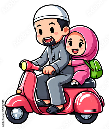 illustration muslim dad and daughter with scooter bike