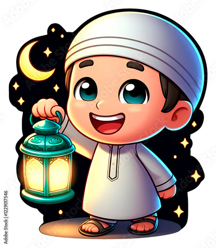  Illustration Cartoon Muslim Boy Holding Ramadan Lantern