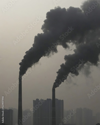 Industrial Smokestacks Release Dark Smoke Over City Buildings. photo