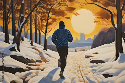 Wallpaper illustration of a jogger running through a park in winter with snow covered trees, AI generated