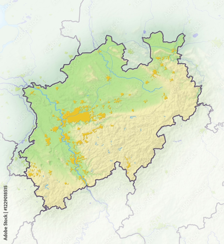Obraz premium North Rhine-Westphalia, Germany, shaded relief map, Europe