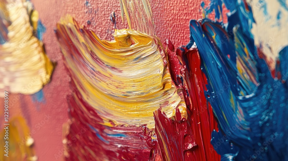 Obraz premium Expressive abstract painting with bold and flowing brushstrokes in red, gold, and blue, radiating energy and vibrancy