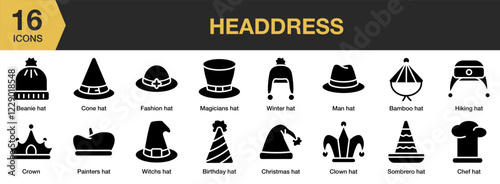 Headdress solid icon set. Includes ethnic, chief, tribe, style, fashion, and More. Solid icons vector collection.
