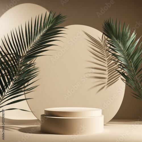 Light beige platform with layered circular backdrop and green fronds creating shadows, AI generated photo