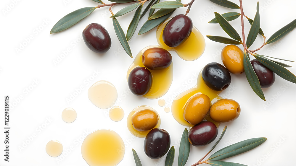 Flat lay composition with fresh olives in oil on white background, top view, space for text. Generative AI Flat lay composition with fresh olives in oil on white background, top view, space for text. Generative AI