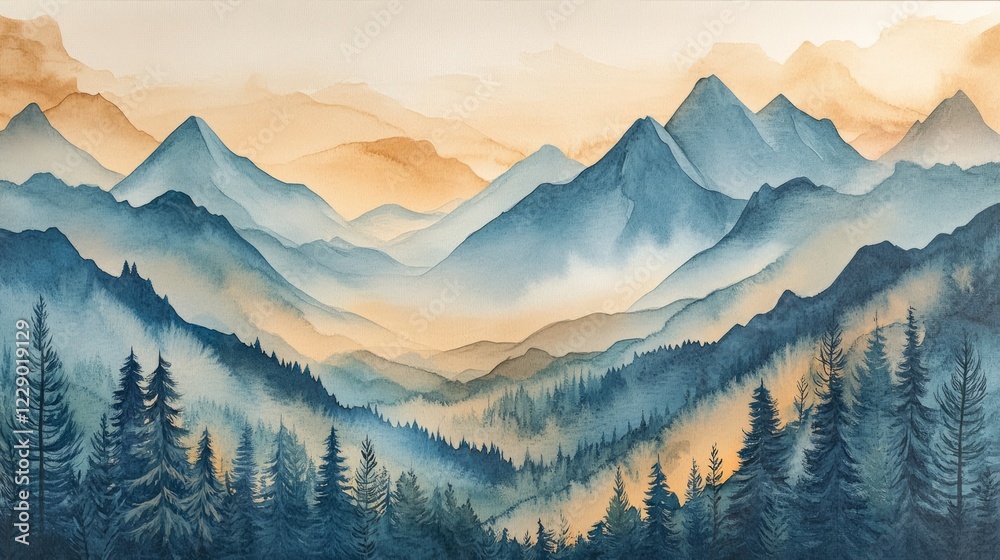 Obraz premium A rectangular paper gift box featuring an artistic watercolor mountain scene 
