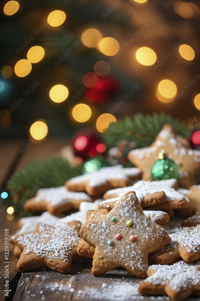 A detailed shot of Christmas cookies on a wooden table, featuring star-shaped cookies with colorful icing, sprinkles, and powdered sugar, AI generated A detailed shot of Christmas cookies on a wooden table, featuring star-shaped cookies with colorful icing, sprinkles, and powdered sugar, AI generated