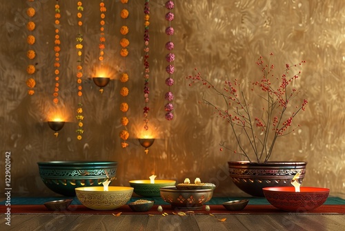 3d render of Festival,diwali rule of third and pongal lamp of traditional India, product display in hanging in brown wall background photo