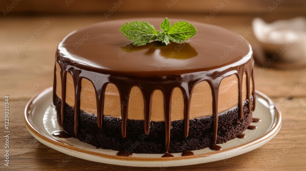 Close-up of richly decorated chocolate cake on a rustic wooden table with warm lighting and a mocha mousse plate featuring caramel drizzle and mint garnish Close-up of richly decorated chocolate cake on a rustic wooden table with warm lighting and a mocha mousse plate featuring caramel drizzle and mint garnish
