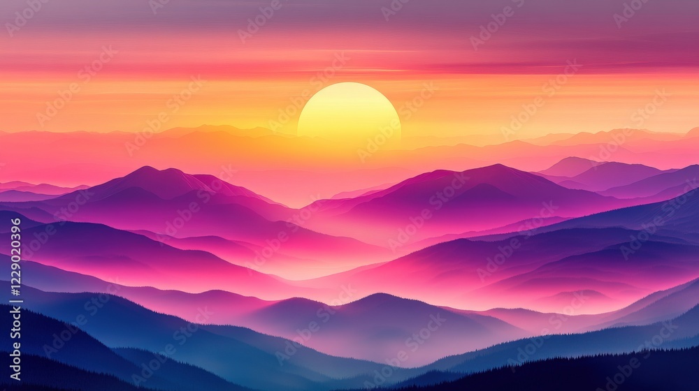 Vibrant sunset over rolling mountains with colorful sky and soft, misty valleys in the background Vibrant sunset over rolling mountains with colorful sky and soft, misty valleys in the background