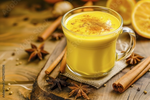Golden milk in a glass, warm atmospheric picture lovingly garnished with spices and oranges, AI generated, AI generated
