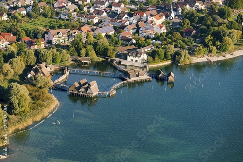 Aerial view of stilt houses, village of Unteruhldingen, Uhldingen Muhlhofen, Lake Constance, Baden-Württemberg, Germany, Europe photo