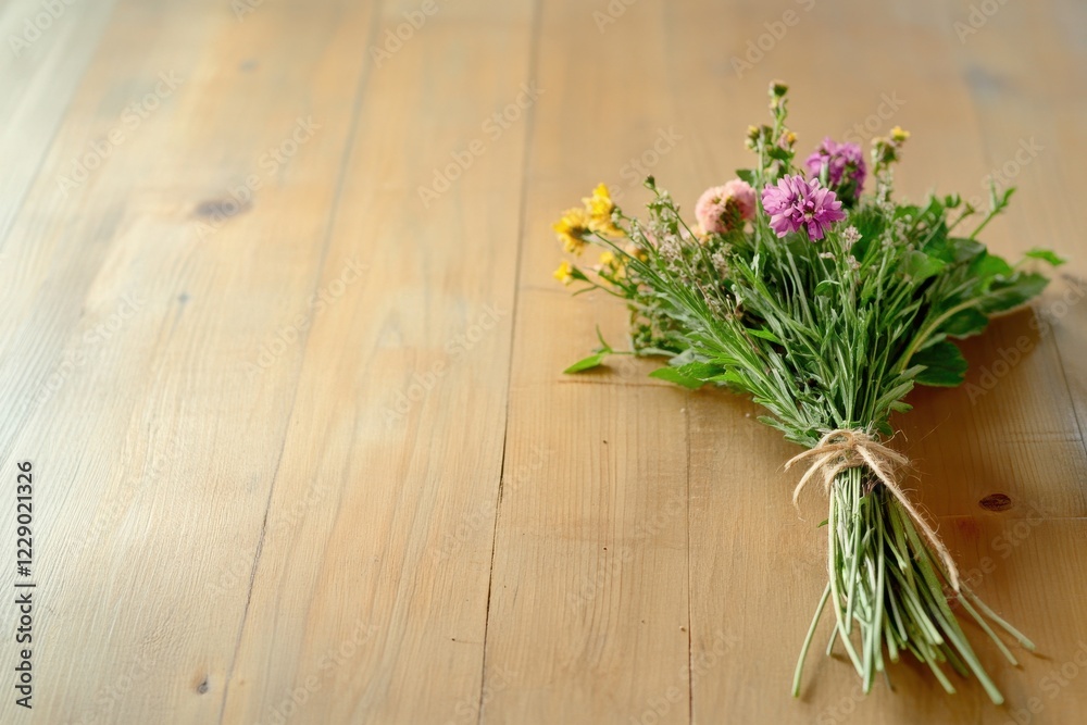 Fototapeta premium Charming bouquet of wildflowers elegantly tied with twine, showcasing nature's vibrant beauty.
