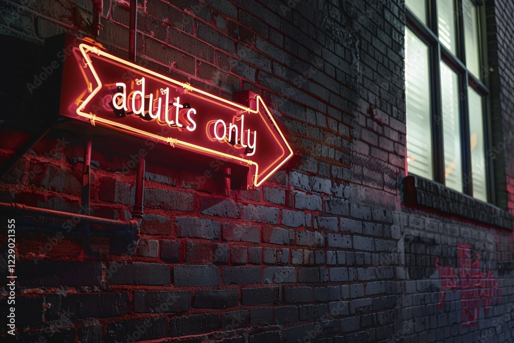 Red neon light sing with 'Adults only' text hanging on brick wall. KI generiert, generiert, AI generated