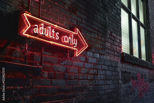 Obraz na płótnie Red neon light sing with 'Adults only' text hanging on brick wall. KI generiert, generiert, AI generated w salonie