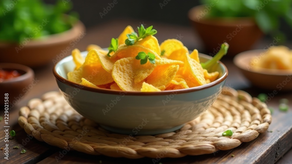 A bowl of crispy, golden-yellow corn chips garnished with fresh herbs sits on a woven placemat, ready to be enjoyed. A bowl of crispy, golden-yellow corn chips garnished with fresh herbs sits on a woven placemat, ready to be enjoyed.