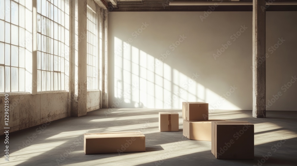 Fototapeta premium A realistic image of four simple cardboard boxes arranged in an industrial style room setting