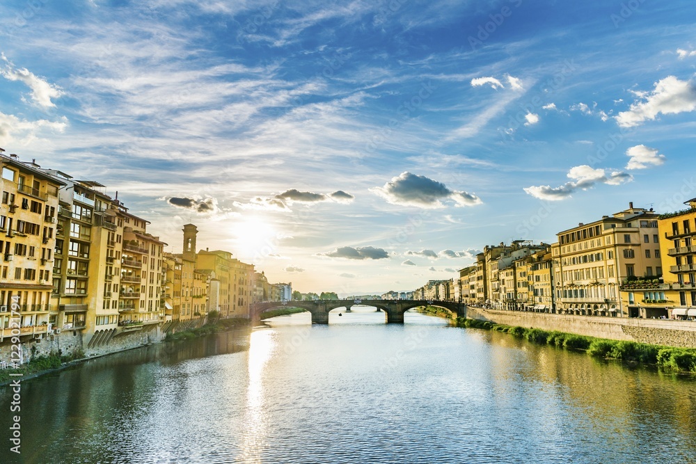 Naklejka premium View of Ponte Santa Trinita bridge from Ponte Vecchio over Arno River, Florence, Tuscany, Italy, Europe