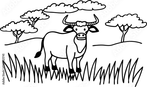 Black and white illustration of a wild cow in a field with trees and clouds, nature, wildlife, landscape, drawing