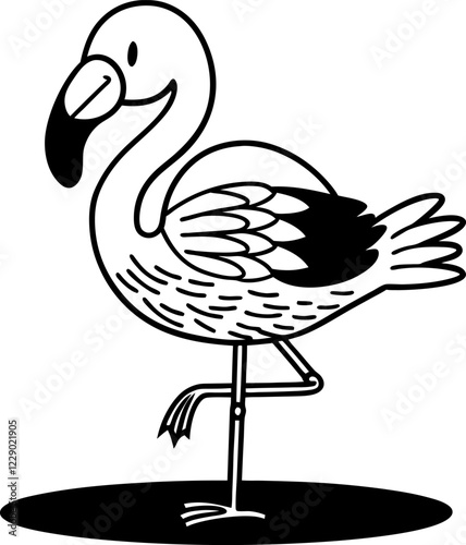 Black and white vector illustration of a flamingo standing on one leg, minimalistic design, animal art, modern decor