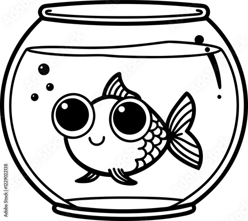 Cute fish in a glass fishbowl with bubbles, whimsical aquatic illustration, black and white line art