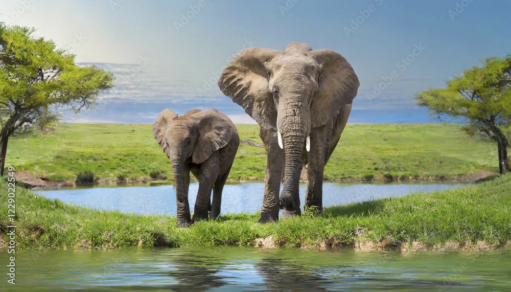 Fototapeta premium KI generated, animal, animals, mammal, mammals, biotope, habitat, one, single animal, foraging, wildlife, Africa, african elephant (Loxodonta africana), river, water