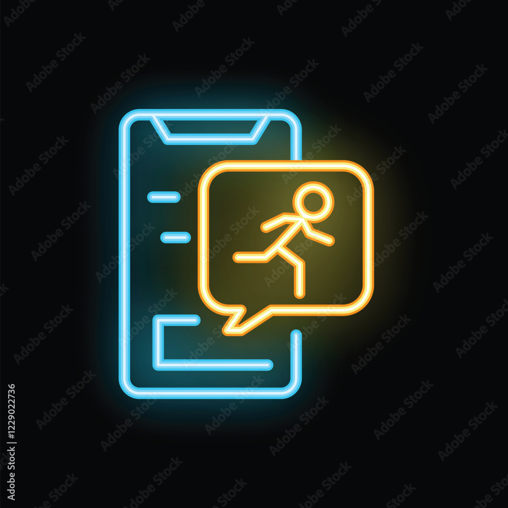 Neon sign depicting a smartphone with a running stick figure inside of a speech bubble, conveying the concept of mobile communication Neon sign depicting a smartphone with a running stick figure inside of a speech bubble, conveying the concept of mobile communication