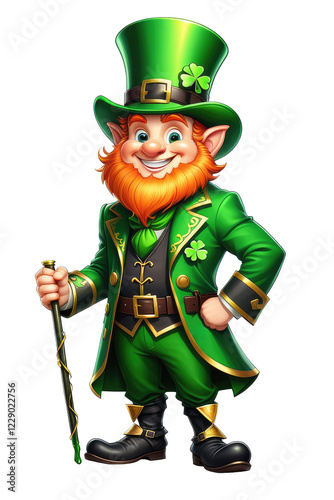 Happy leprechaun with a cane. St. Patrick's day. Isolated on a transparent background