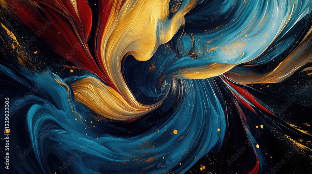 Vibrant abstract painting with dynamic swirls of blue, gold, and red, radiating energy, motion, and artistic vibrancy Vibrant abstract painting with dynamic swirls of blue, gold, and red, radiating energy, motion, and artistic vibrancy