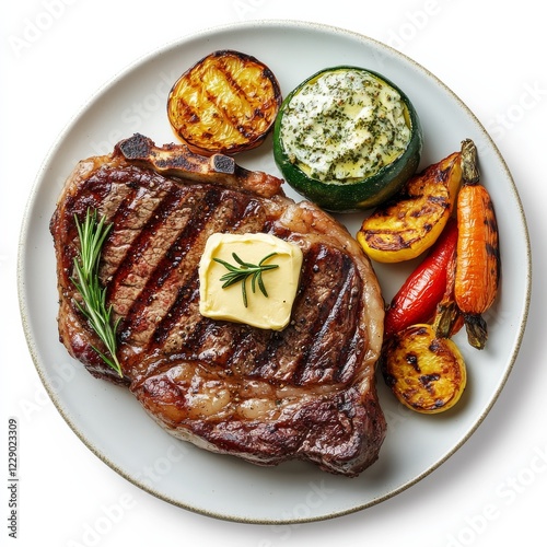 A plate of grilled ribeye steak with herb butter and roasted vegetables, isolated white background, surrealism art style