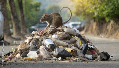 Symbolism, a pile of rotting rubbish by the roadside, with rats on it, AI-generated