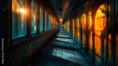 An eerie shot of a train corridor lit only by a flickering light bulb, casting long shadows on the creaky floorboards as the train seems to be frozen in time photo